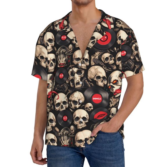 Gukieu rock record Skull Print Men's Short-sleeved Shirts, Button-down Pocket Shirts, T-shirts, Beach Vacation Travel Summer Clothing-Large