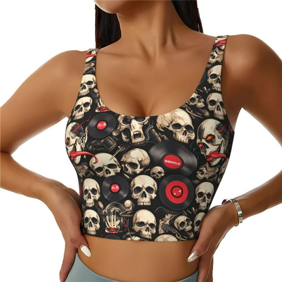 Gukieu rock record Skull Print Women's Sports Vest, Low-neck U-shaped Removable Pad Sports Bra for Yoga, Exercise, Dance-XX-Large
