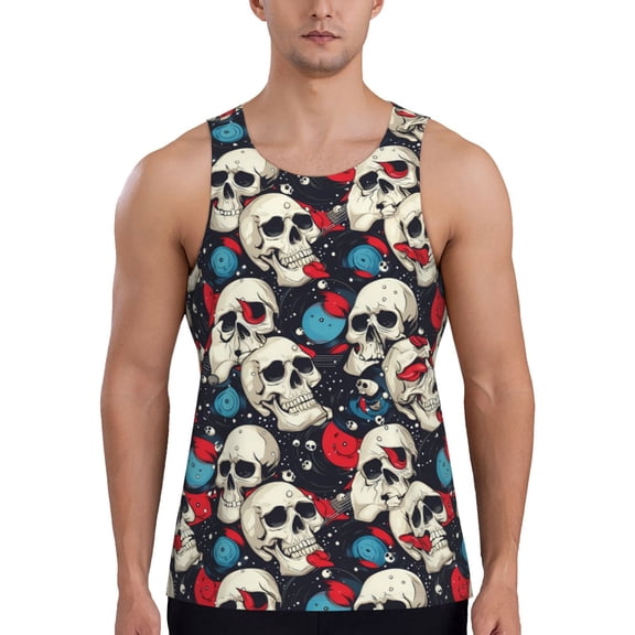 Gukieu rock record Skull artist Print Men's Quick Dry Fitness Vest, Round Neck Sleeveless Fitness Bodybuilding Top-Small