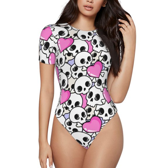 Gukieu skull with hearts Print Women's Short Sleeve Bodysuit, Round Neck Snap-on Bodysuit, Suitable for Adult Women-Large