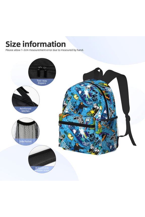 snow board blue Print Backpack, Waterproof Backpack with Adjustable Shoulder Straps, Suitable for Campus, Business, Travel, Unisex