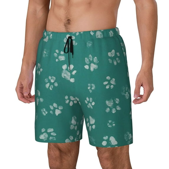 Gukieu teal green paw Print Men's Double Layer Sports Swim Trunks, Quick Dry Adjustable Waist Swim Shorts Swimwear-3X-Large