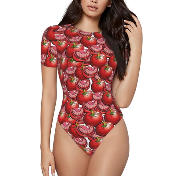Gukieu tomato Print Women's Short Sleeve Bodysuit, Round Neck Snap-on Bodysuit, Suitable for Adult Women-Small