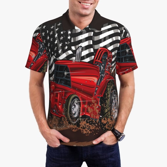 Gukieu tractor Print Men's Quick-drying POLO Shirt, Button-down Summer T-shirt, Suitable for Work and Outdoor Activities-Medium