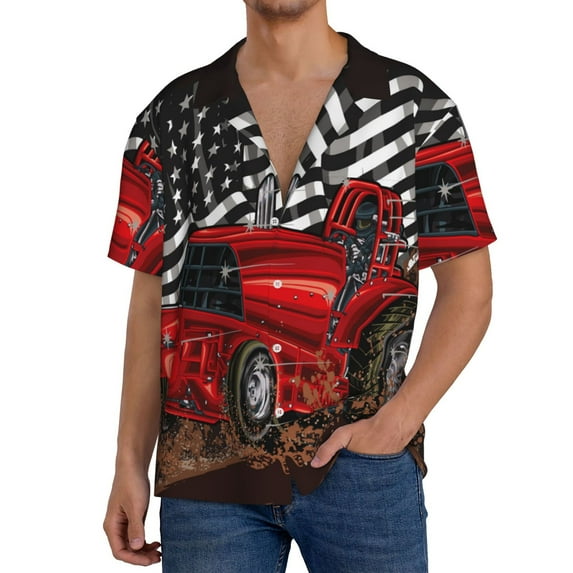 Gukieu tractor Print Men's Short-sleeved Shirts, Button-down Pocket Shirts, T-shirts, Beach Vacation Travel Summer Clothing-4X-Large