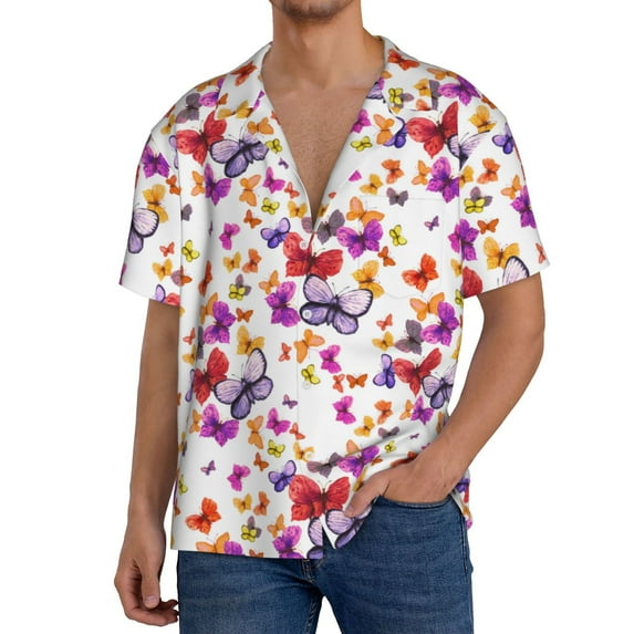 Gukieu watercolor butterflies Print Men's Short-sleeved Shirts, Button-down Pocket Shirts, T-shirts, Beach Vacation Travel Summer Clothing-4X-Large