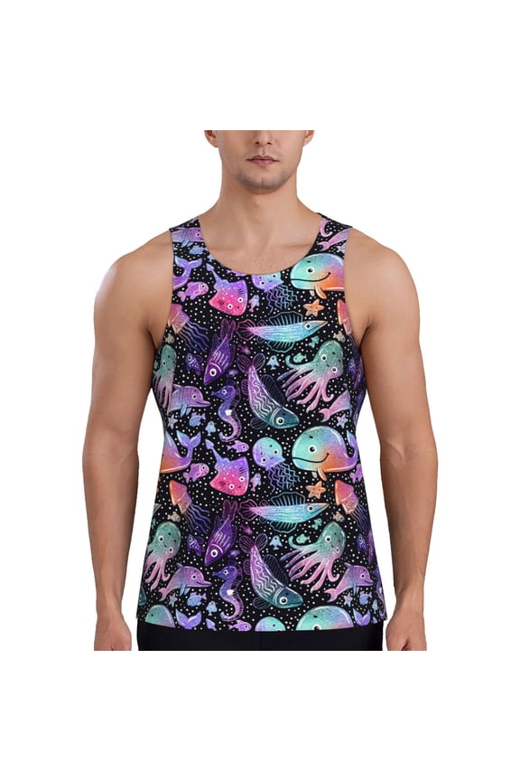 whale fish octopus Print Men's Quick Dry Fitness Vest, Round Neck Sleeveless Fitness Bodybuilding Top-Large