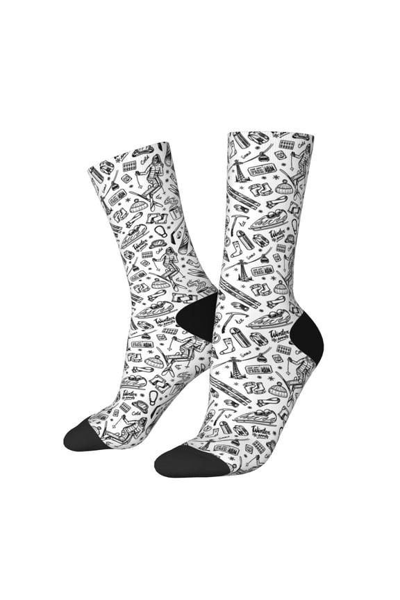winter Ski Element Print Contrast Color Mid-calf Socks, Sweat-wicking Athletic Socks, Unisex Clothing Accessories