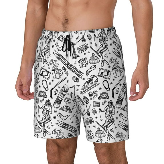 Gukieu winter Ski Element Print Men's Double Layer Sports Swim Trunks, Quick Dry Adjustable Waist Swim Shorts Swimwear-XX-Large