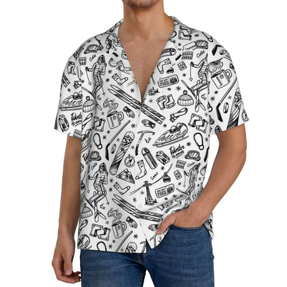 Gukieu winter Ski Element Print Men's Short-sleeved Shirts, Button-down Pocket Shirts, T-shirts, Beach Vacation Travel Summer Clothing-Small