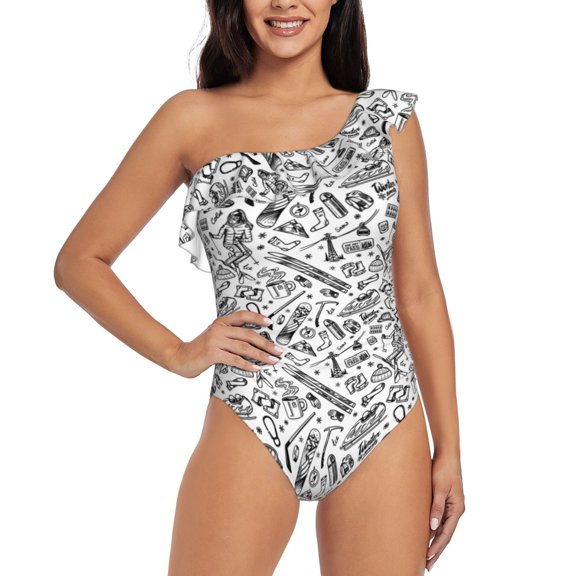 Gukieu winter Ski Element Print One-shoulder Ruffled One-piece Swimsuit with Removable Chest Pads and Tummy-control Swimsuit for Women-Medium
