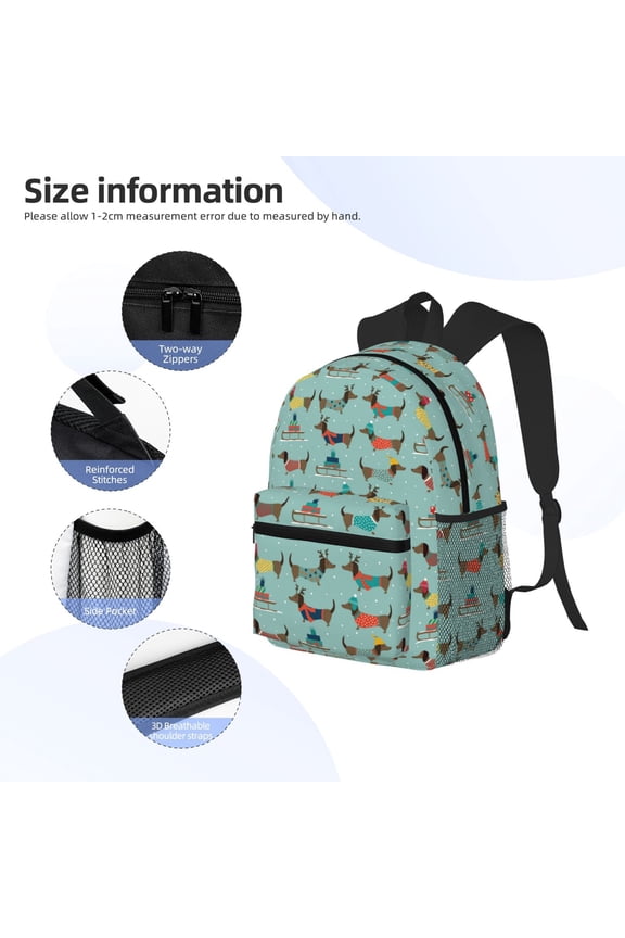 winter ski Dachshund Print Backpack, Waterproof Backpack with Adjustable Shoulder Straps, Suitable for Campus, Business, Travel, Unisex