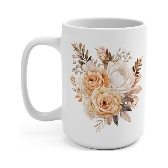 Gulf Coast Online - Boho Floral Mug, 15oz Ceramic White Coffee Tea Cup