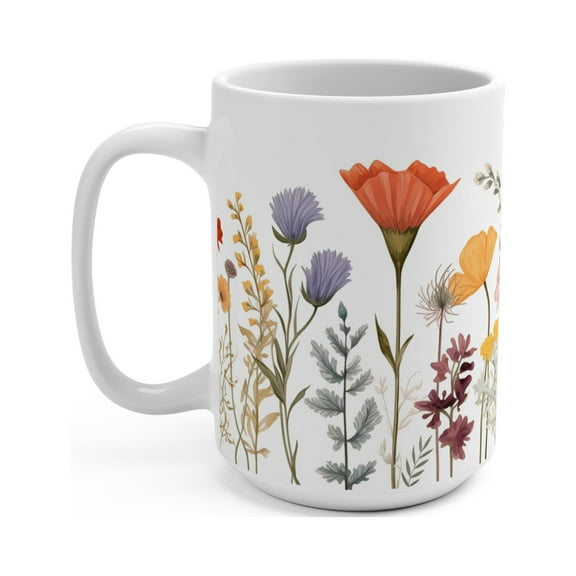 Gulf Coast Online Boho Wildflower Floral Mug 15oz, White Ceramic Tea Cup