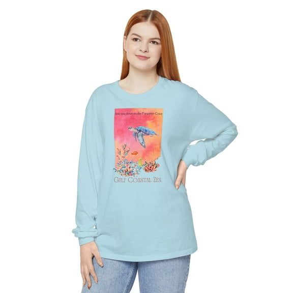Gulf Coastal Zen Forgotten Coast Sea Turtle Watercolor Splash Coral Sea Horse Ocean Beach Long Sleeve T-shirt