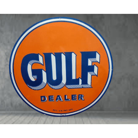 Gulf Dealor Gasoline org Porcelain Enamel Heavy Metal Sign 42 inches Double side