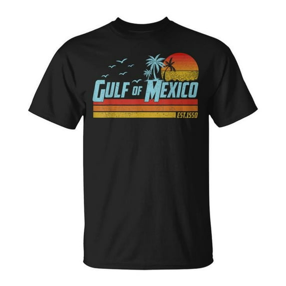 Gulf of Mexico Est 1550 Retro Vintage Beach T-Shirt – Classic Coastal Graphic Tee, Retro Sunset Design with Palm Trees, Unisex Beach Lover Apparel, Lightweight Cotton Shirt for Men and Women