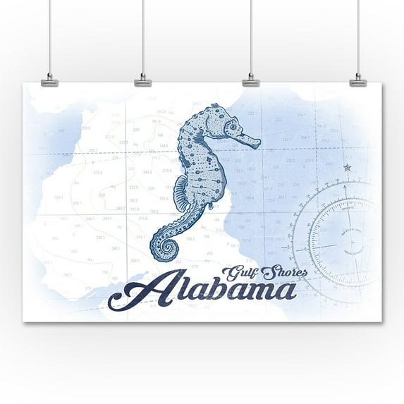 Gulf Shores, Alabama - Seahorse - Blue - Coastal Icon - Lantern Press Artwork (36x54 Giclee Gallery Print, Wall Decor Travel Poster)