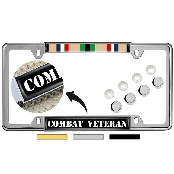 Gulf War Combat Veteran - Domed Custom-Made Personalized Narrow (Thin) Top 4 Hole Metal Car License Plate Frame with Free caps - Chrome Frame (Qty: 1)