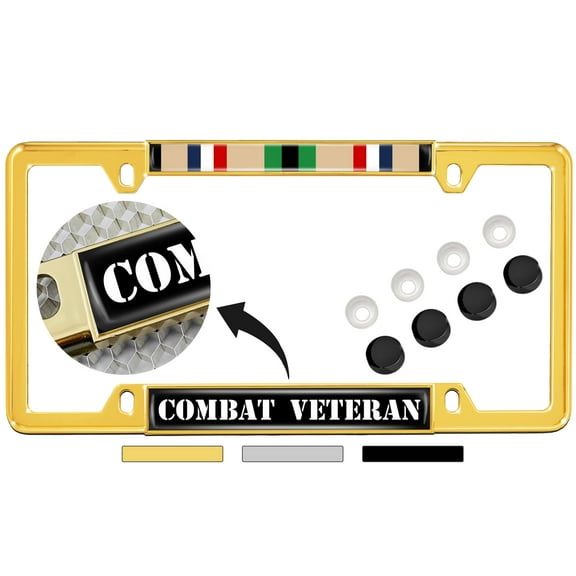 Gulf War Combat Veteran - Domed Custom-Made Personalized Narrow (Thin) Top 4 Hole Metal Car License Plate Frame with Free caps - Gold Frame (Qty: 1)