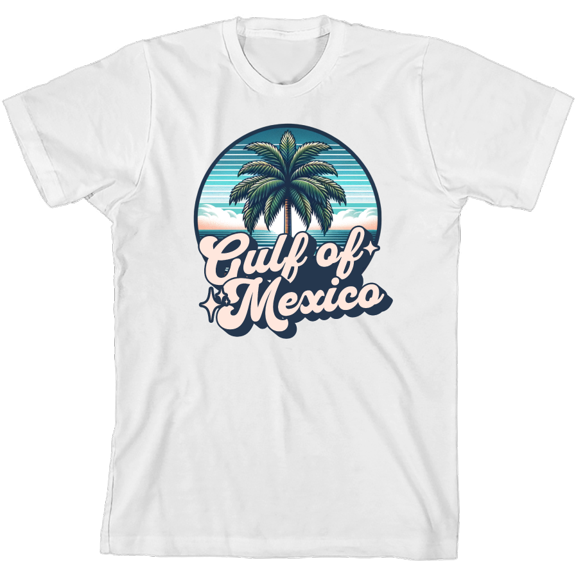 Gulf of Mexico Palm Tree Youth White Crew Neck Short Sleeve Tee-Medium