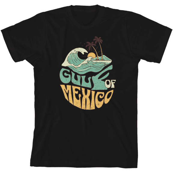 Gulf of Mexico Wave Text Youth Black Crew Neck Short Sleeve Tee-XS