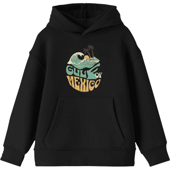 Gulf of Mexico Wave Text Youth Black Long Sleee Hoodie-XL