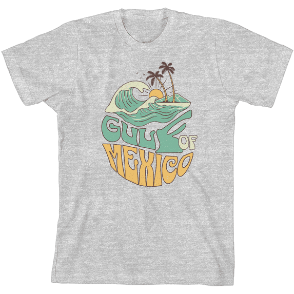 Gulf of Mexico Wave Text Youth Heather Gray Crew Neck Short Sleeve Tee-Small