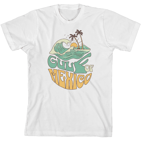 Gulf of Mexico Wave Text Youth White Crew Neck Short Sleeve Tee-Medium