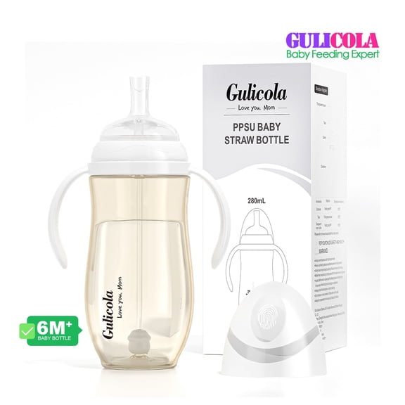 Gulicola Baby Bottle with Straw, Weighted Straw Sippy Cup with Handle, BPA Free PPSU, 6 Months Plus, 9 oz