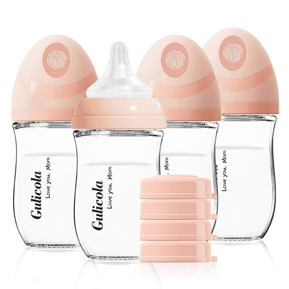 Gulicola Natural Glass Baby Bottle 4 Pack, Newborn Breastfeeding Bottles Set, Extra Slow Flow Nipples (SS), Anti Colic, 0 Months , 5 oz
