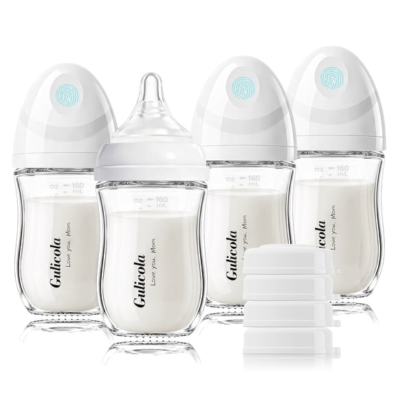 Gulicola Natural Glass Baby Bottle 4 Pack, Newborn Breastfeeding Bottles Set, Extra Slow Flow Nipples (SS), Anti Colic, 0 Months+, 5 oz