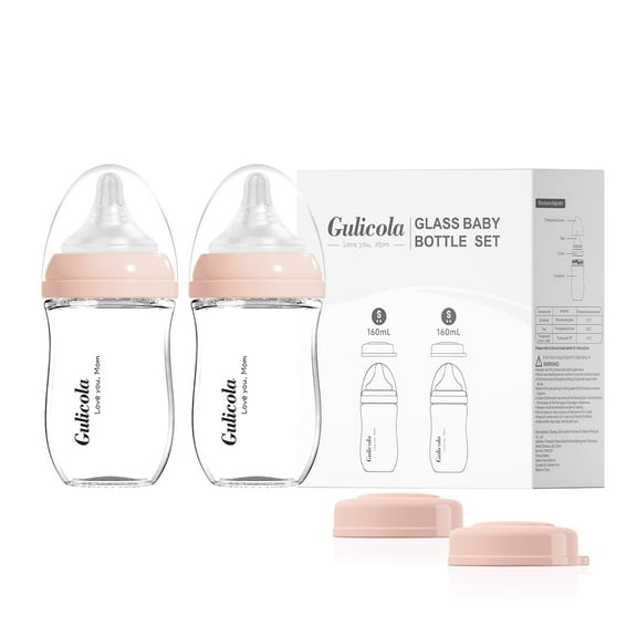 Gulicola Natural Glass Baby Bottle for Breastfeeding, Wide Neck with Slow Flow Nipple, 1 Months+, 5 oz, 2 Pack - Pink