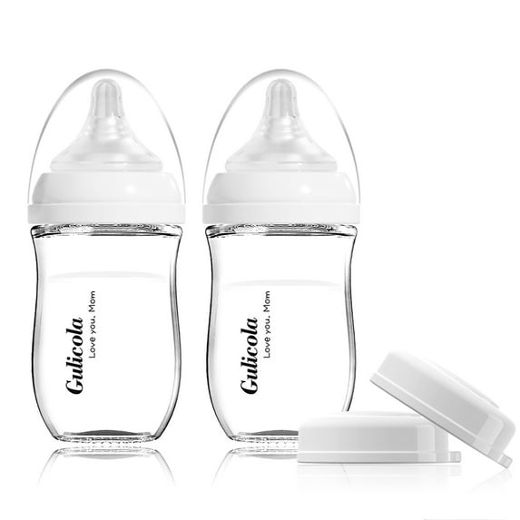 Gulicola Natural Glass Baby Bottle for Breastfeeding, Wide Neck with Slow Flow Nipple, 1 Months+, 5 oz, 2 Pack - White
