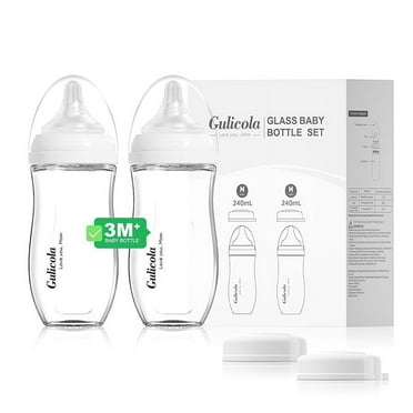 Gulicola Natural Glass Baby Bottles 8oz - Anti-Colic  for Breastfed Infants, Medium Flow Nipple (3  Months), 2-Pack Set
