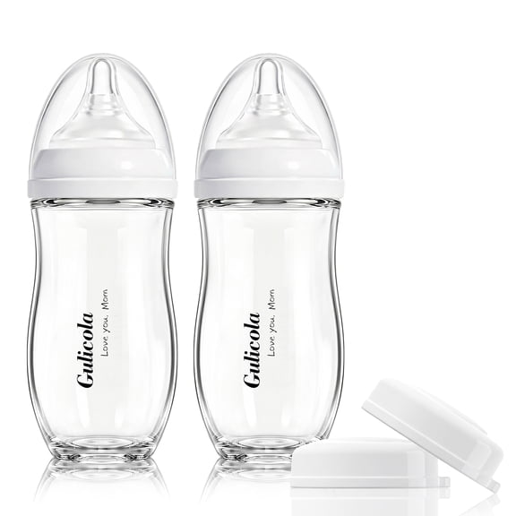 Gulicola Natural Glass Baby Bottles 8oz - Anti-Colic for Breastfed Infants, Medium Flow Nipple (3+ Months), 2-Pack Set