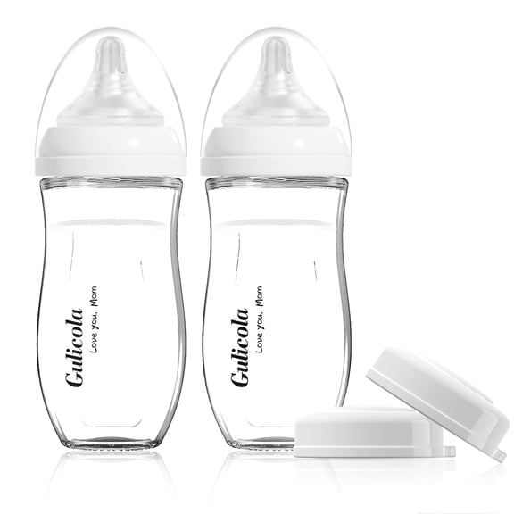 Gulicola Natural Glass Baby Bottles 8oz - Anti-Colic for Breastfed Infants, Medium Flow Nipple (3+ Months), 2-Pack Set