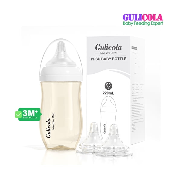 Gulicola Newborn Breastfeeding Baby Bottle with Extra Slow Flow Nipples, 0 Months+, Anti Colic, BPA Free PPSU, 7 oz