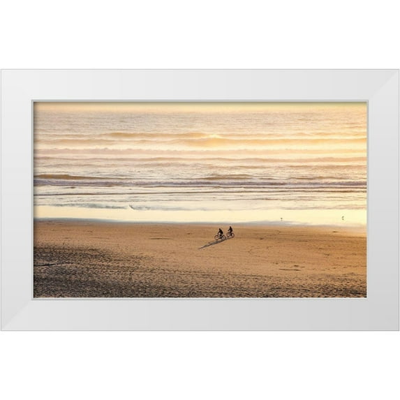 Gulin, Sylvia 18x12 White Modern Wood Framed Museum Art Print Titled - Oregon-Cape Arch with two riding bikes on the beach in the evening light