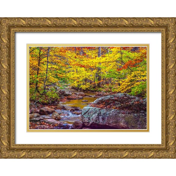 Gulin, Sylvia 24x18 Gold Ornate Wood Framed with Double Matting Museum Art Print Titled - USA-New Hampshire-New England-Jackson small stream surrounded in Fall color