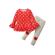 GuliriFei 2Pcs Toddler Baby Girls Valentine's Day Clothes Set, Heart Print Long-Sleeve Tops + Long Pants Outfits
