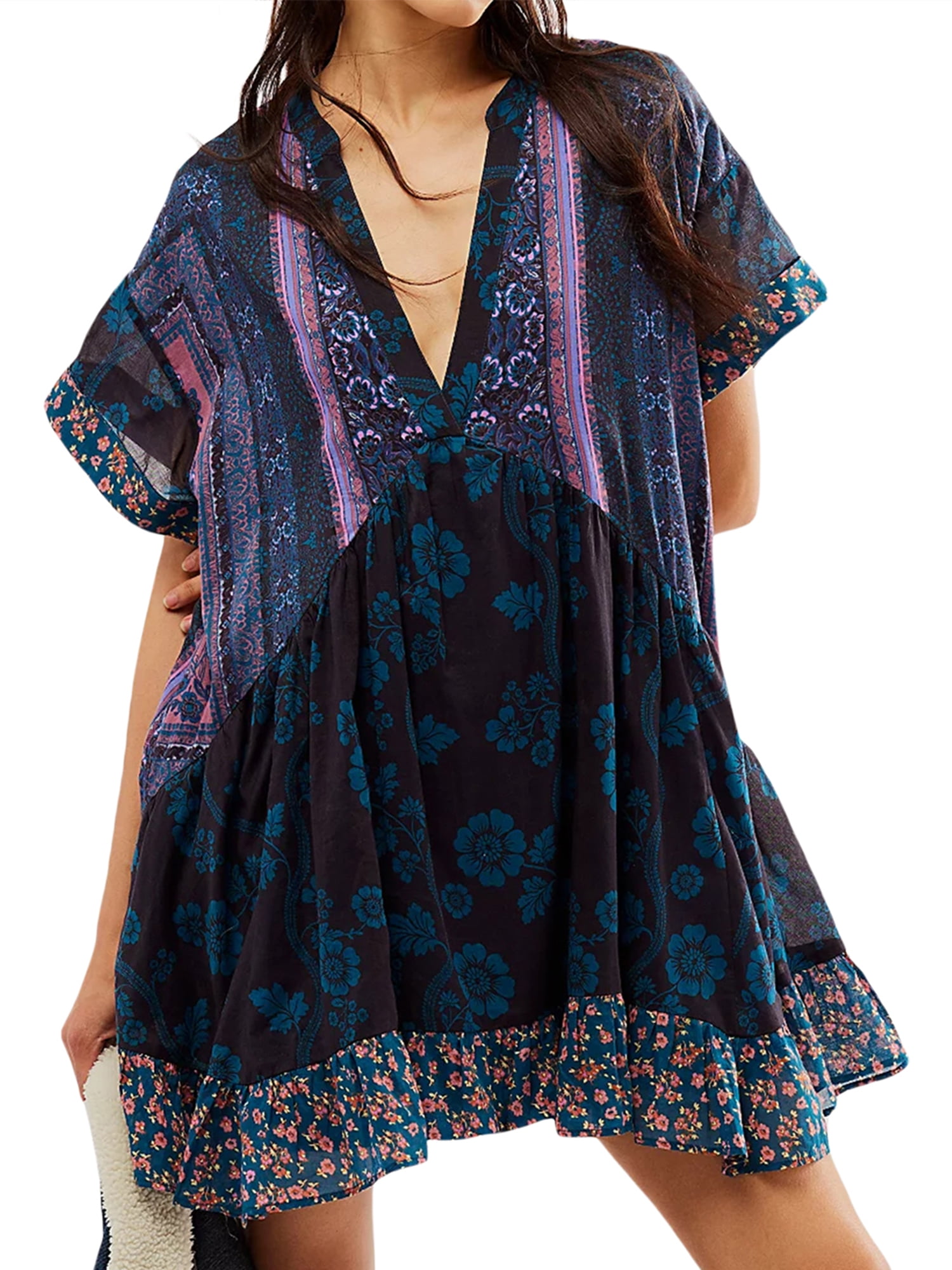 Nemidor Women's Plus Size Floral Boho Summer Dress - V-Neck, Short Sleeve, Swing Style With Pockets