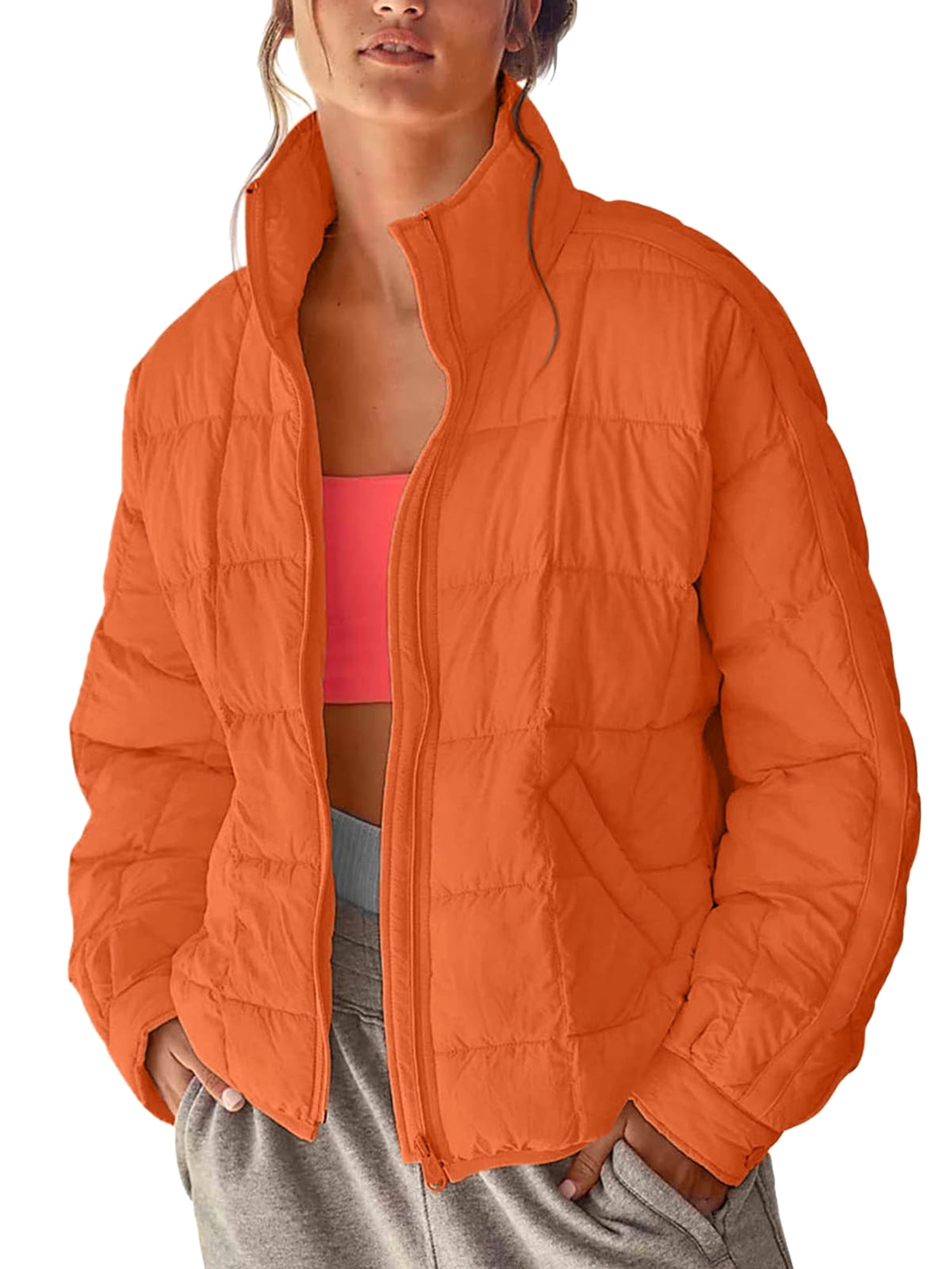 GuliriFei Women s Cropped Puffer Jacket Baggy Stand Collar Full Zip Padded Winter Down Coat Walmart