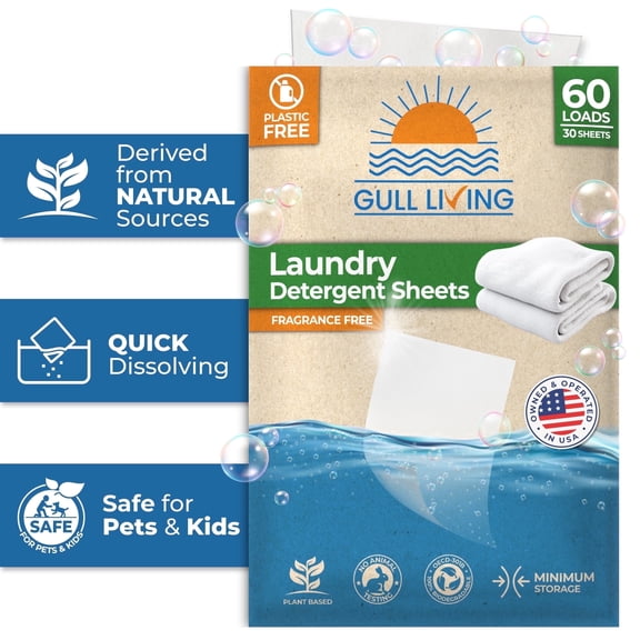 Gull Living Travel Laundry Detergent Sheets Unscented, 30 Count / 60 Loads - Dissolves Quickly, Removes Stains & Odors - For Home and Travel Laundry Sheets Detergent