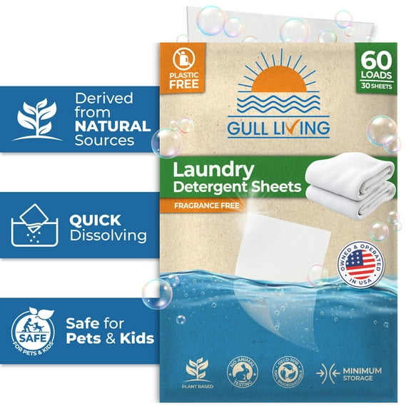 Gull Living Travel Laundry Detergent Sheets Unscented - 30 Count, 60 Loads - Dissolves Quickly,  Removes Stains & Odors - Laundry Sheets Detergent