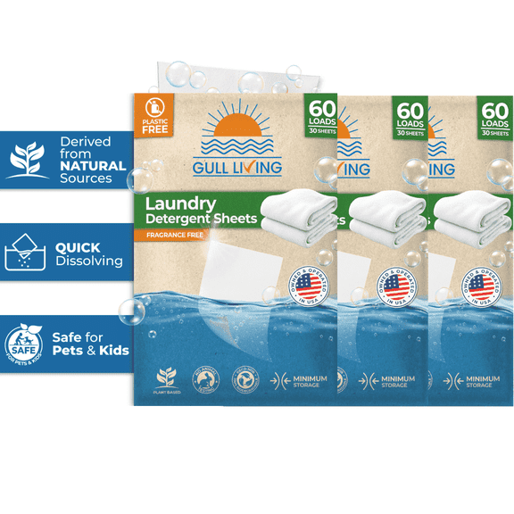 Gull Living Travel Laundry Detergent Sheets Unscented - 180 Loads - 3 packs of 60 count - Dissolves Quickly, Removes Stains & Odors - Laundry Sheets Detergent