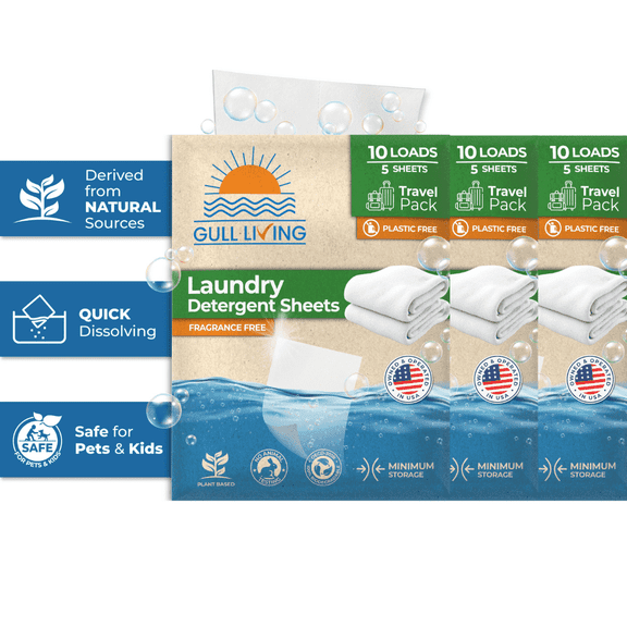 Gull Living Travel Laundry Detergent Sheets Unscented - 30 Loads - 3 packs of 10 count - Dissolves Quickly, Removes Stains & Odors - Laundry Sheets Detergent