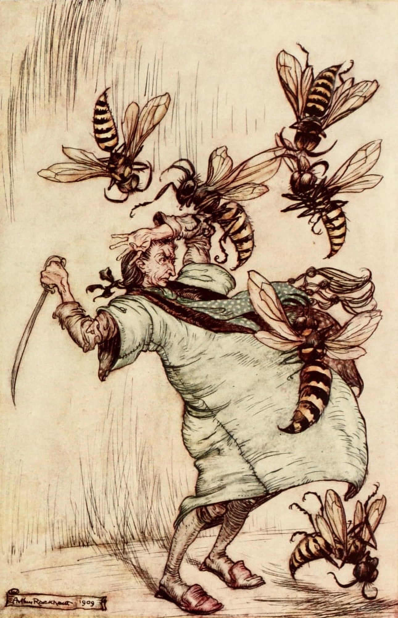 Gullivers Travels 1899 Combat with wasps Canvas Art - A Rackham (18 x 24)