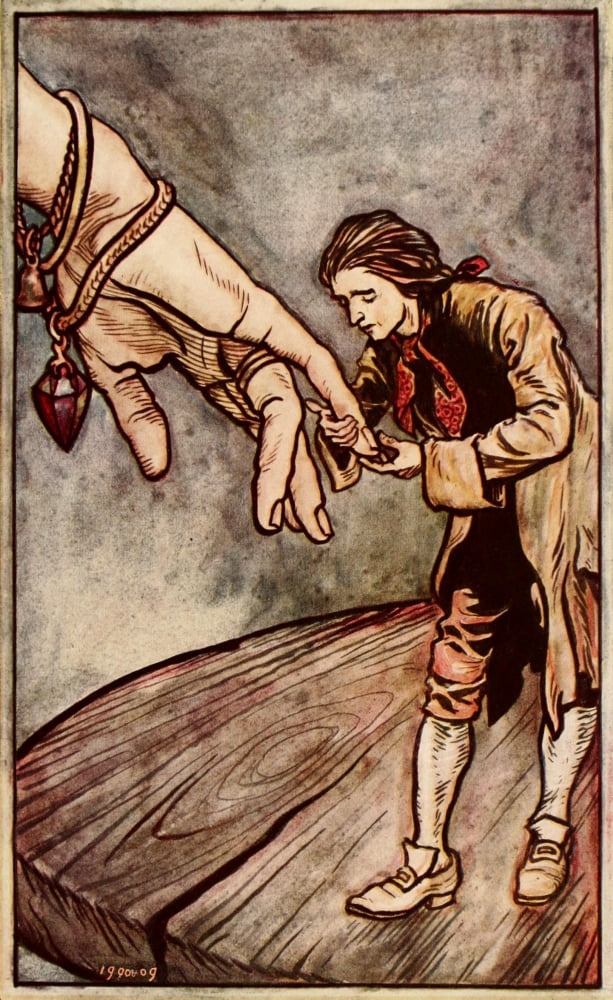 Gullivers Travels 1899 Kisses Queens hand Canvas Art - A Rackham (18 x 24)