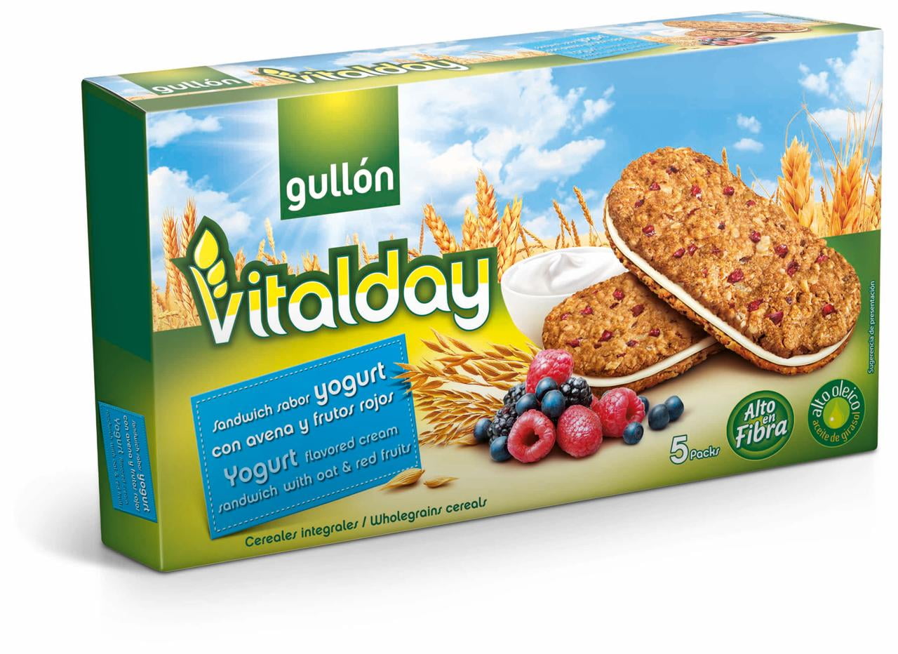 Gullon Vitalday Yogurt Sandwich Biscuits with Oats, Red Fruits, and Wholegrain Cereals, 7.76 oz.
